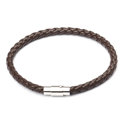 Brown braided leather bracelet with a silver clasp on a white background