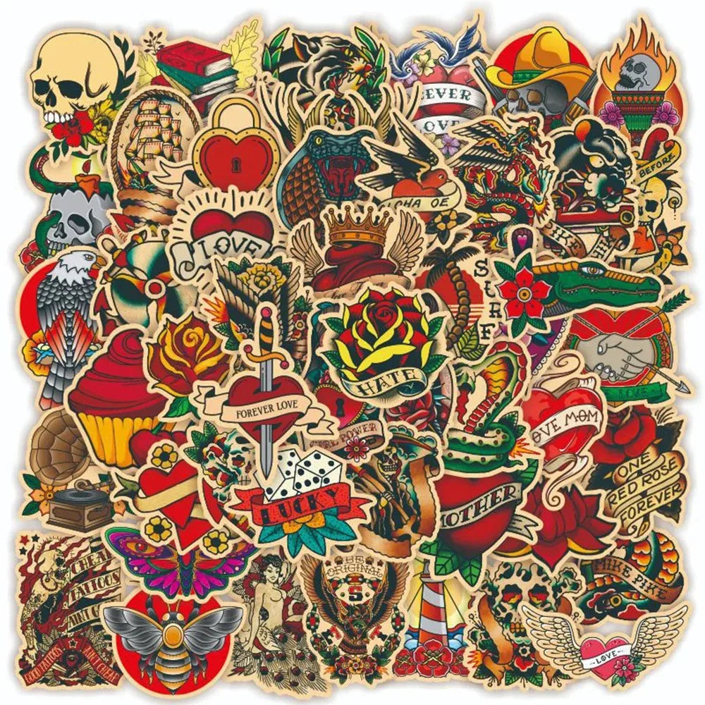 Retro Tattoo Sticker Pack – 10 to 100pcs Waterproof Graffiti Decals for Laptops, Skateboards, Luggage

