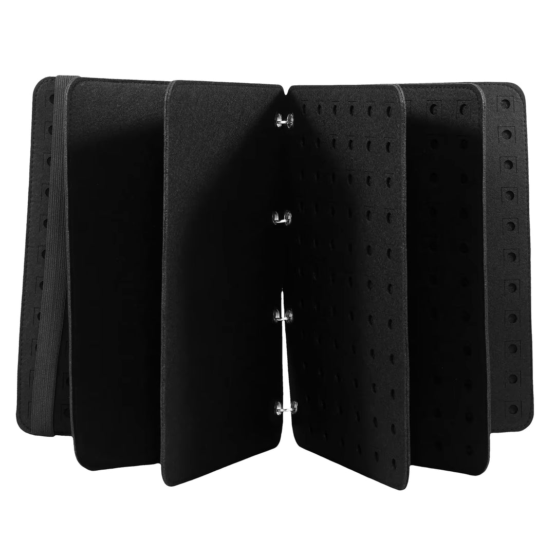 Black jewelry display folder with with 6 pages om a white background 