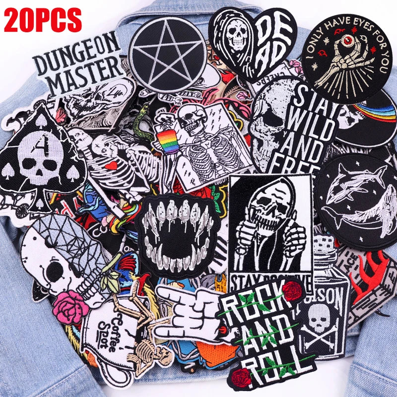 Collection of various patches 20 PCS with different designs on a light blue background