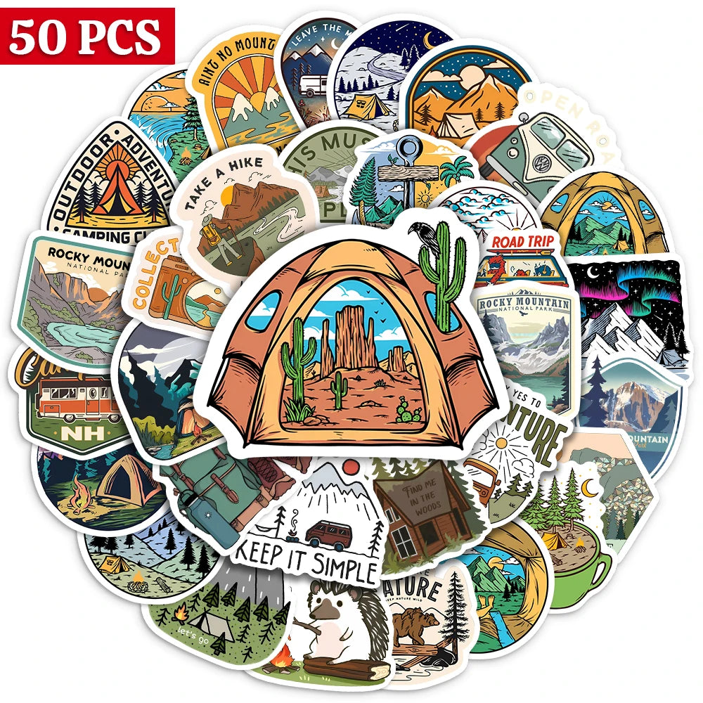 Collection of 50 outdoor-themed stickers on a white background