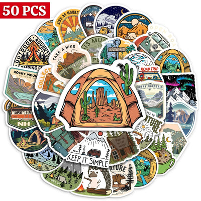 Collection of 50 outdoor-themed stickers on a white background