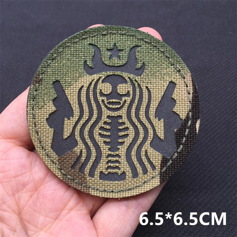 Round multicam skeleton siren tactical hook and loop morale patch with laser cut IR reflective design 6.5x6.5cm