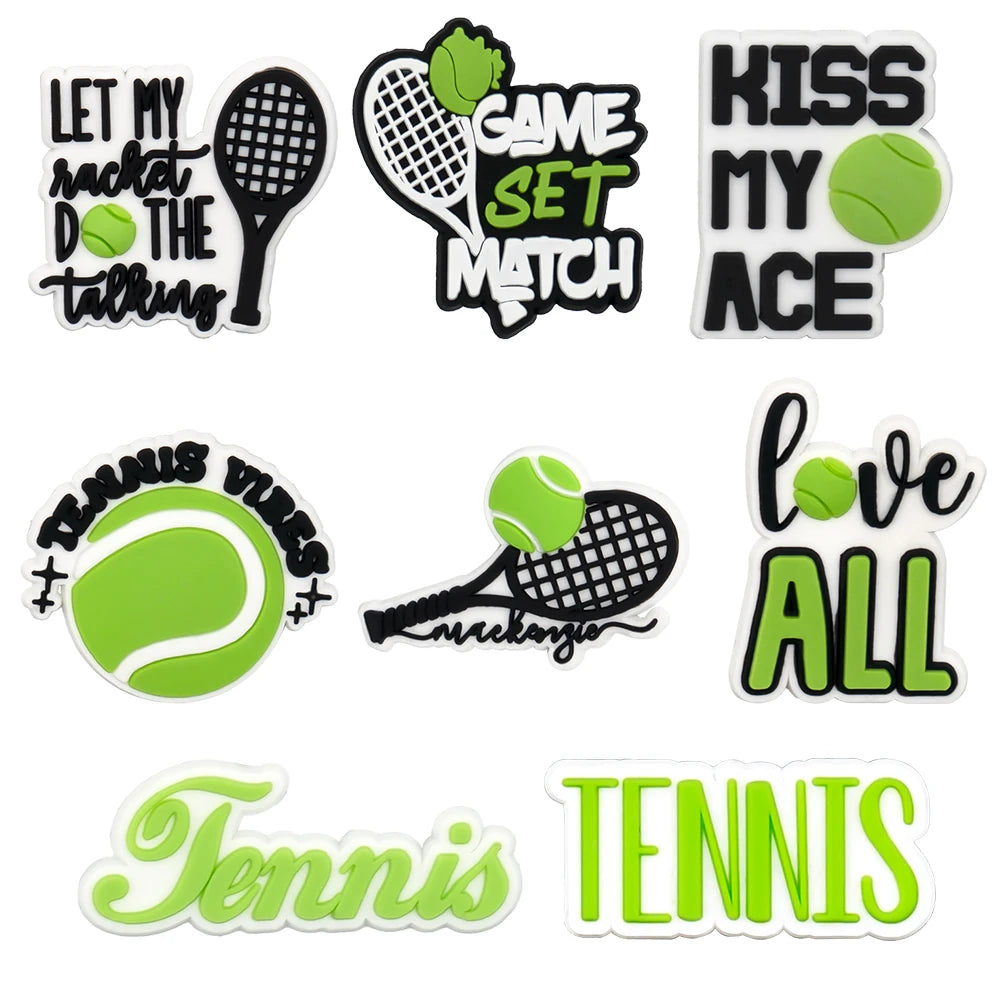 Collection of tennis-themed shoe charms with text and graphics on a white background