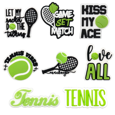 Collection of tennis-themed shoe charms with text and graphics on a white background