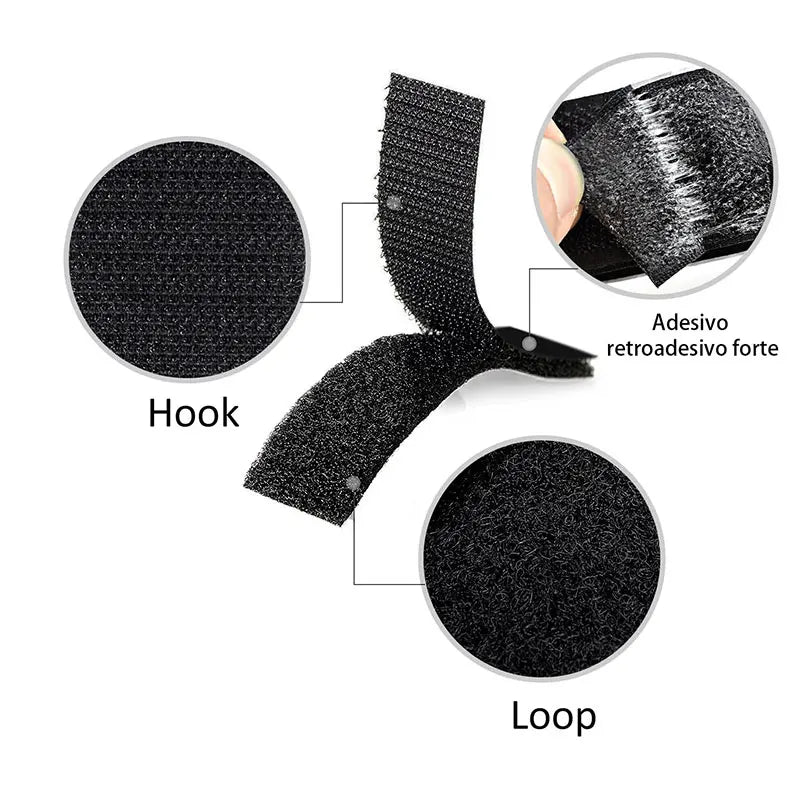 Black adhesive patch with hook and loop components on a white background