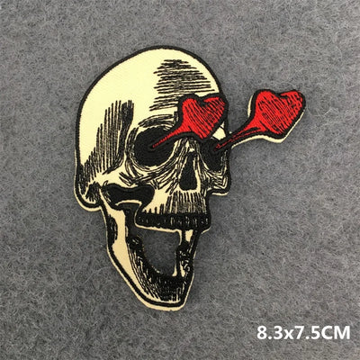 Skull with red heart-shaped eyes on a textured gray background