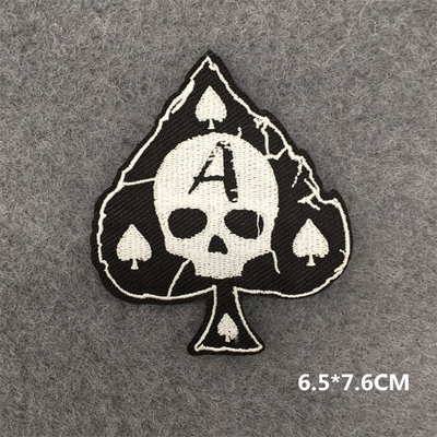 Skull and spade design patch on a gray background