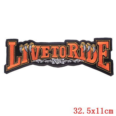Embroidered patch with 'LIVE TO RIDE' text on a white background