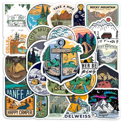 Collection of nature-themed stickers with various designs on a white background