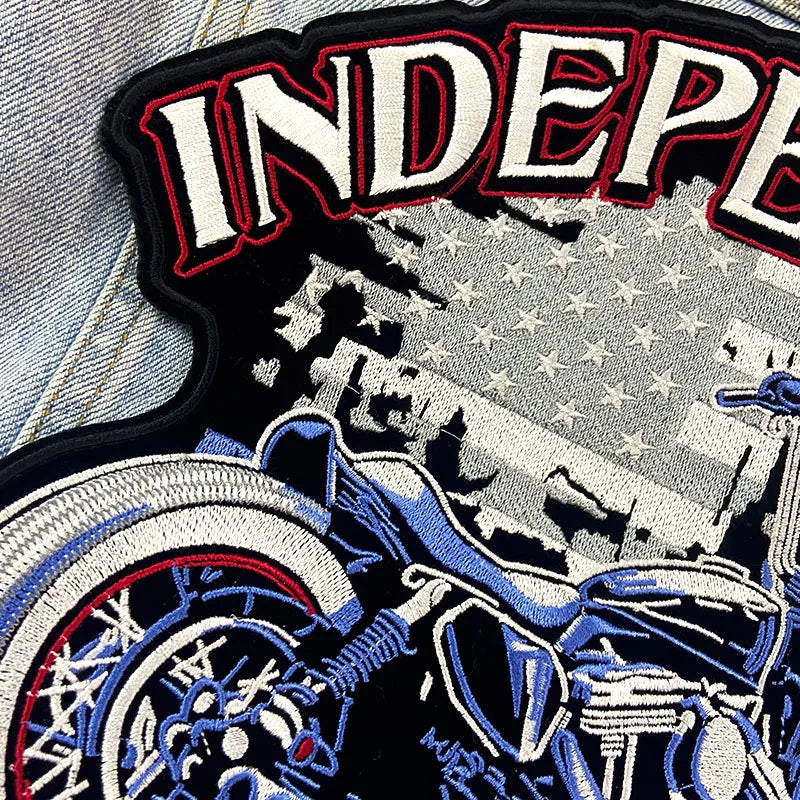 Embroidered patch with motorcycle design and 'INDEPENDENT' text on a flag background
