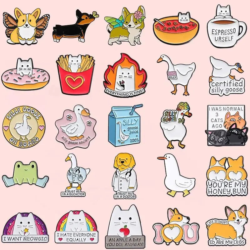 🐾10/20/30Pcs Cute Animal Enamel Pins – Funny Dogs, Cats, Ducks, and More