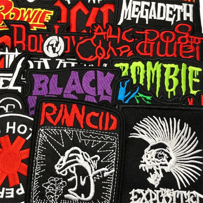 Collection of various band patches including Megadeth, Black Label Society, and others.