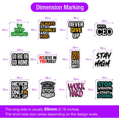 Set of motivational stickers with dimensions marked on a white background