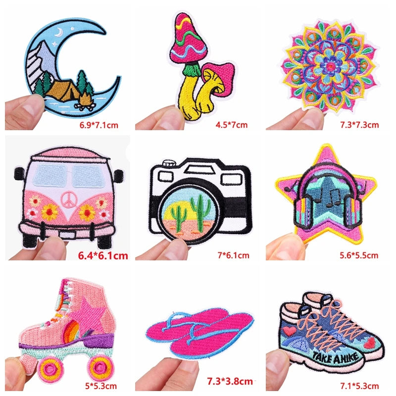 Collection of colorful patches with various designs held by hands, showing dimensions.