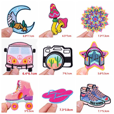 Collection of colorful patches with various designs held by hands, showing dimensions.