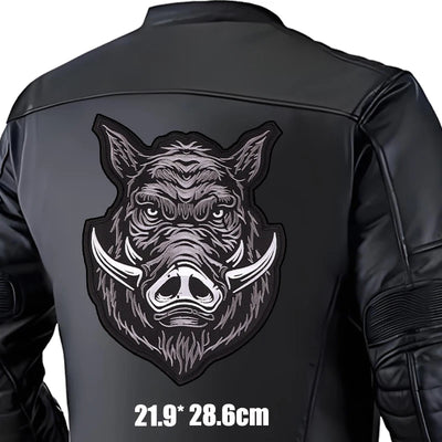 Black leather jacket with a boar graphic on the back, size indicated.