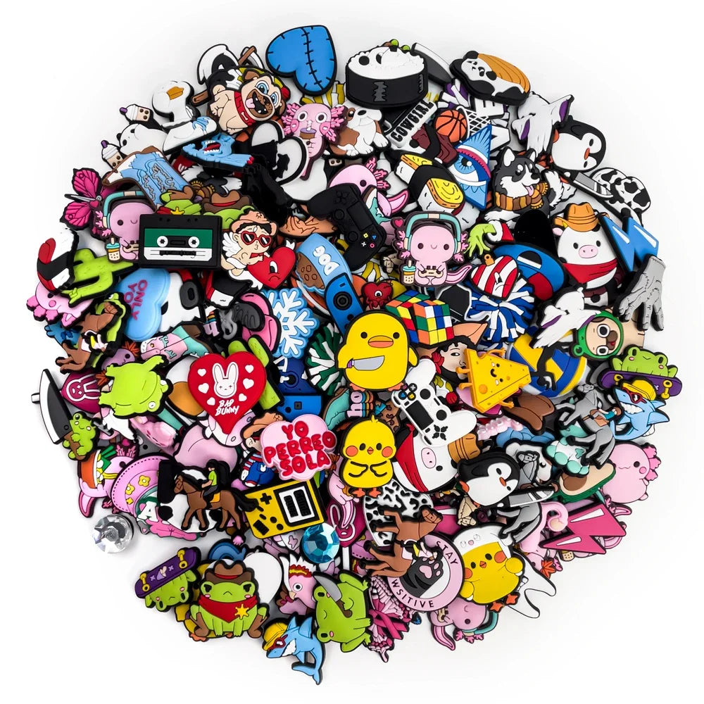 Collection of various colorful shoe charms arranged in a circular pattern on a white background.