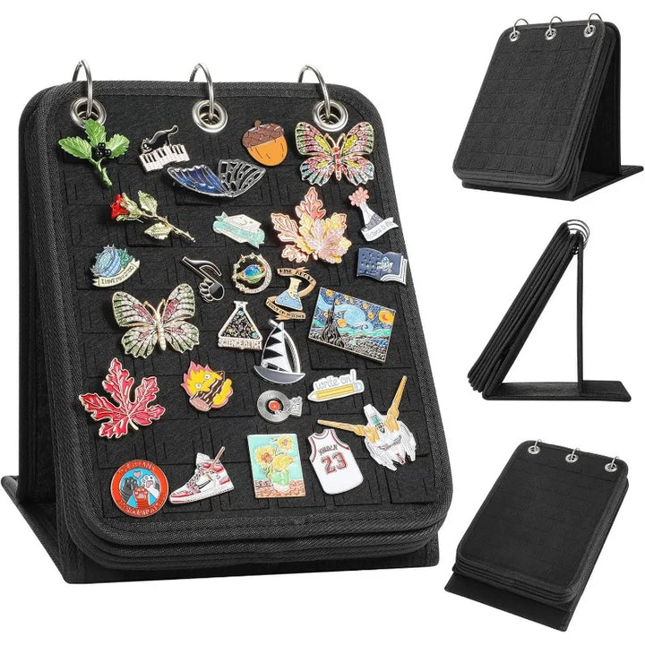 Black Felt Pin Display Stand
with various pins and a stand on a white background