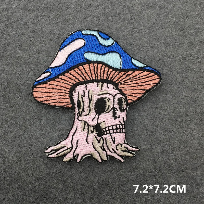 Mushroom with skull design patch on a gray background