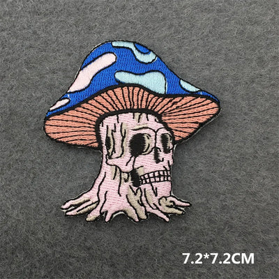 Mushroom with skull design patch on a gray background