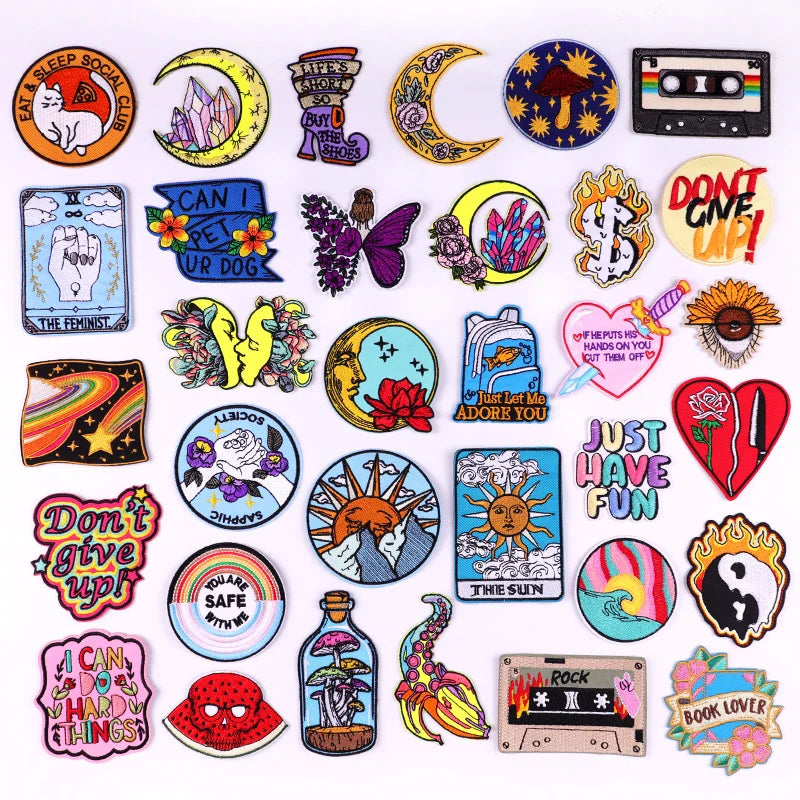 Collection of colorful stickers with various designs on a white background