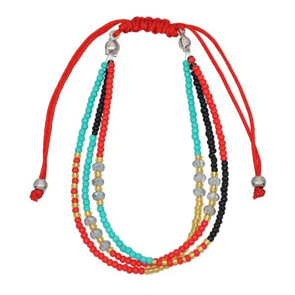 Colorful beaded bracelets with red strings on a white background