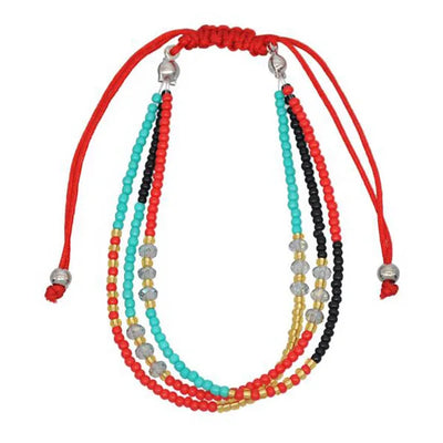 Colorful beaded bracelets with red strings on a white background