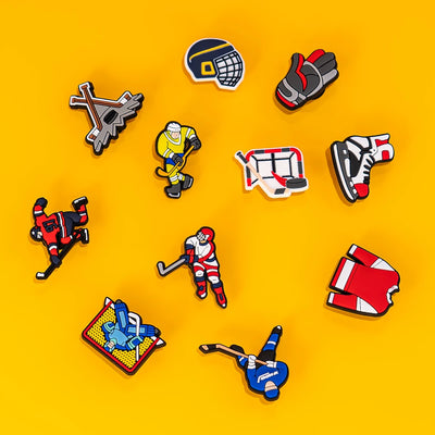 🏒11pcs Hockey Shoe Charms – Colorful Players, Gear & Sticks for Clogs & Sports Fans