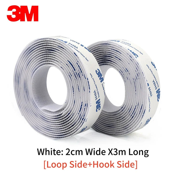 Two rolls of 3M white Velcro tape on a white background with product details. 2cm x 3meters