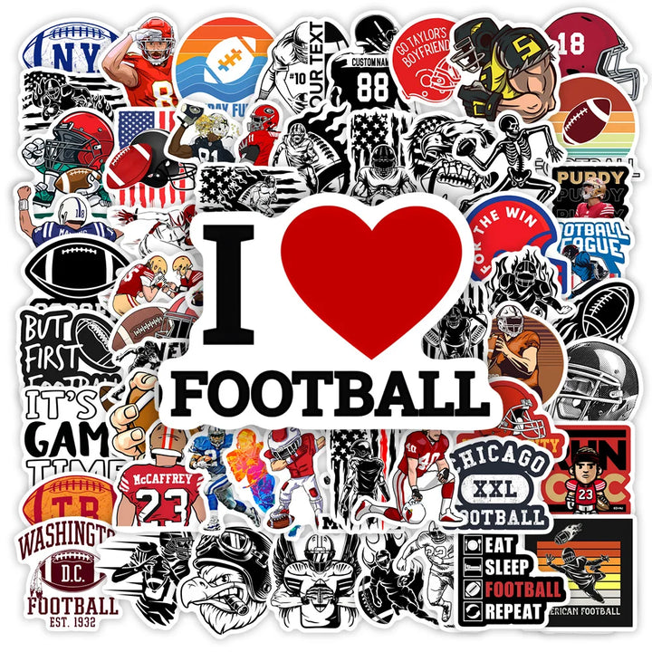 Collection of football-themed stickers with various designs and text.
