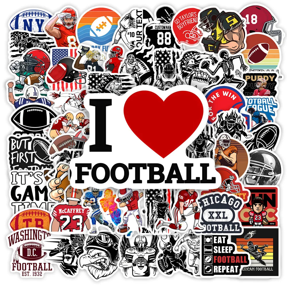 Collection of football-themed stickers with various designs and text.