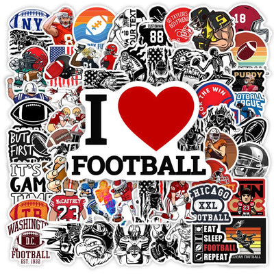 Collection of football-themed stickers with various designs and text.