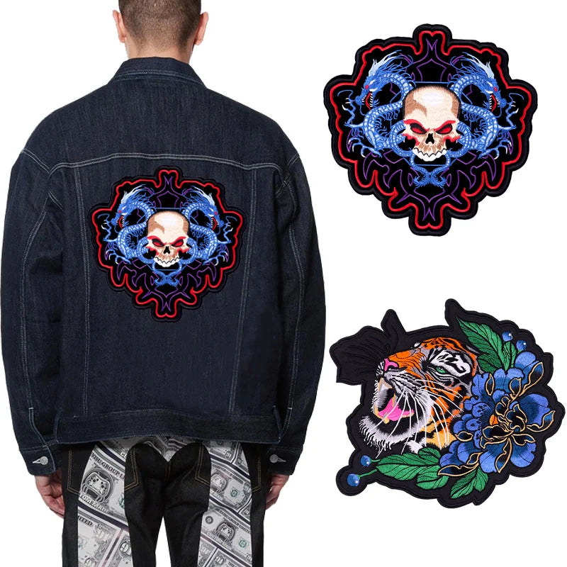 Denim jacket with skull and flower patch, tiger and flower patch on a white background