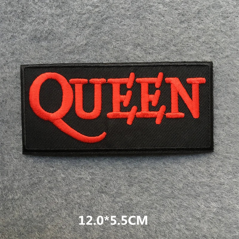 Red and black embroidered Queen rock band iron on patch with classic music logo design 12x5.5cm