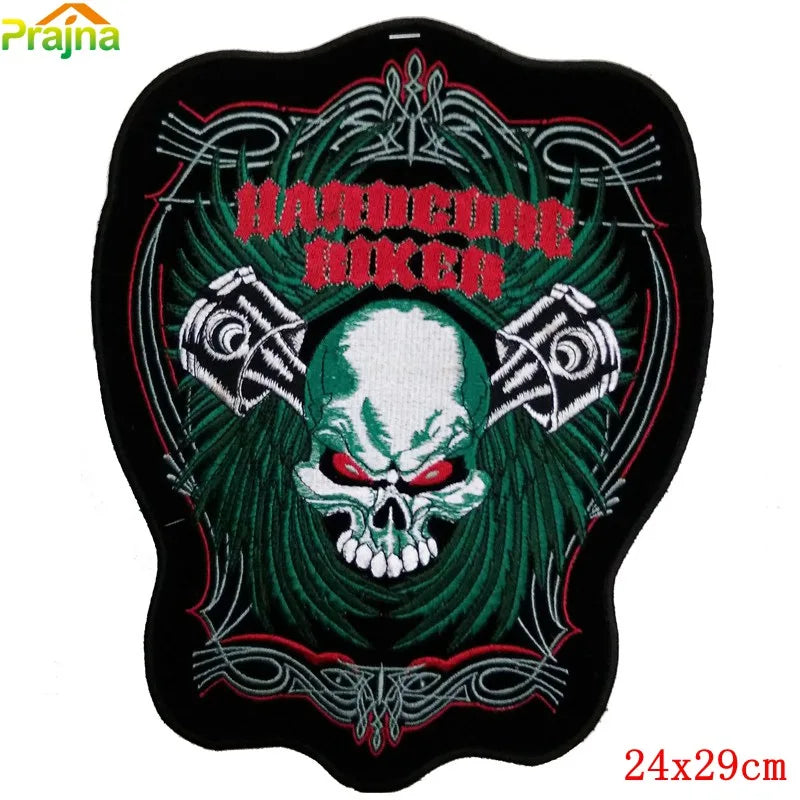 Embroidered patch with skull design and 'Handsome Biker' text, brand 'Prajna' visible.