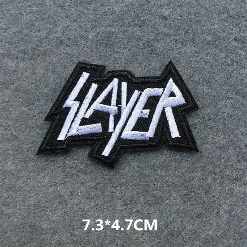 Slayer logo patch on a gray background with dimensions displayed