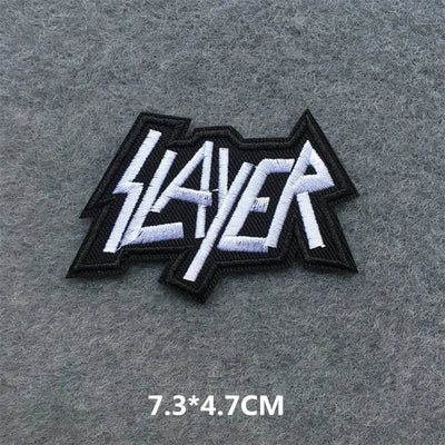 Slayer logo patch on a gray background with dimensions displayed