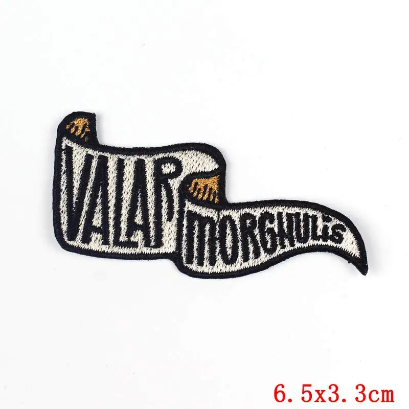 Pipe-shaped patch with 'Valar Morghulis' text on a white background