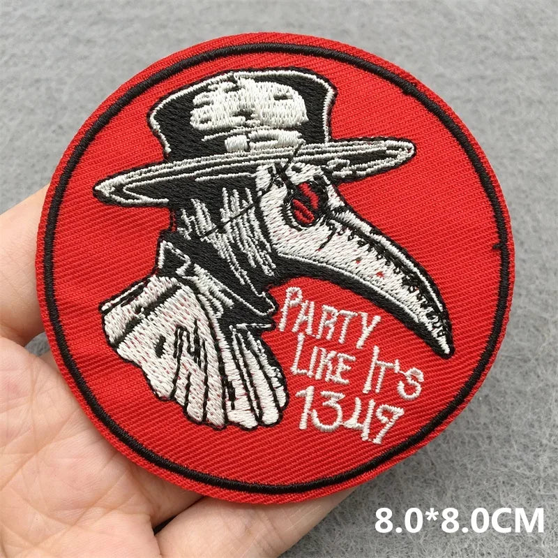 Embroidered patch with skeleton in top hat and text 'Party Like It's 1349' on a red background.