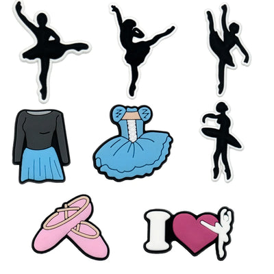 Set of ballet-themed cutouts shoe charms including silhouettes, a dress, shoes, and a heart symbol with a dancer.