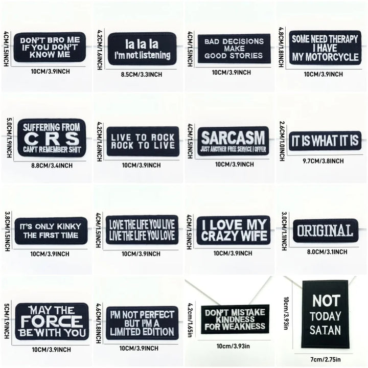 Collection of black stickers with white text on a white background