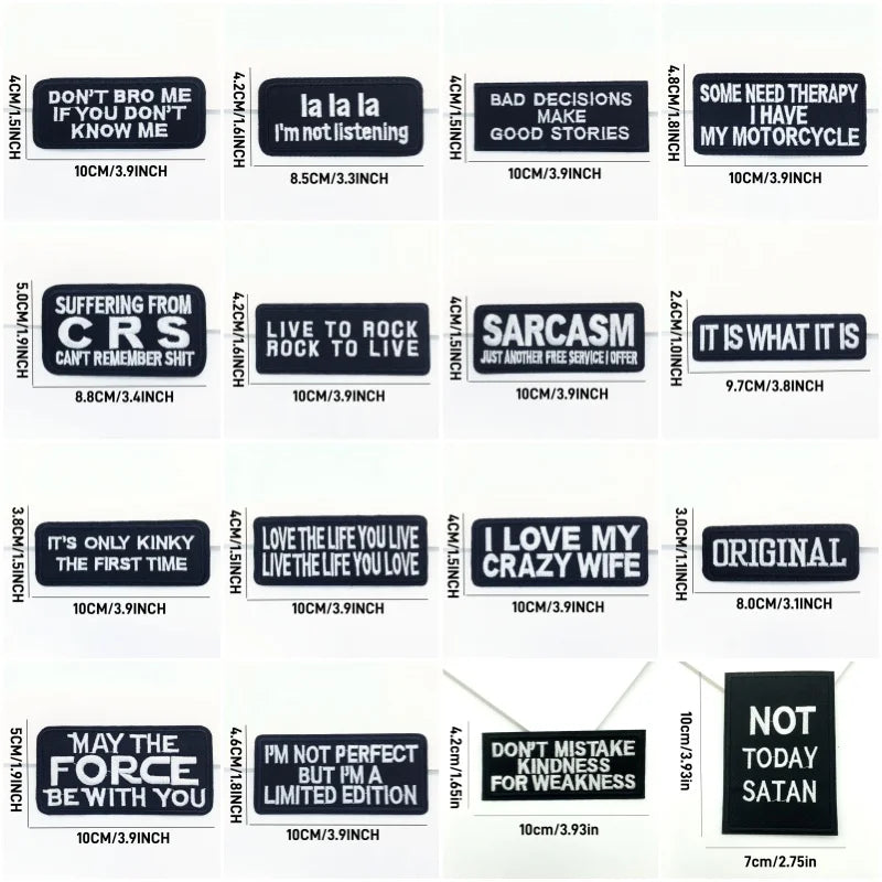 Collection of black stickers with white text on a white background