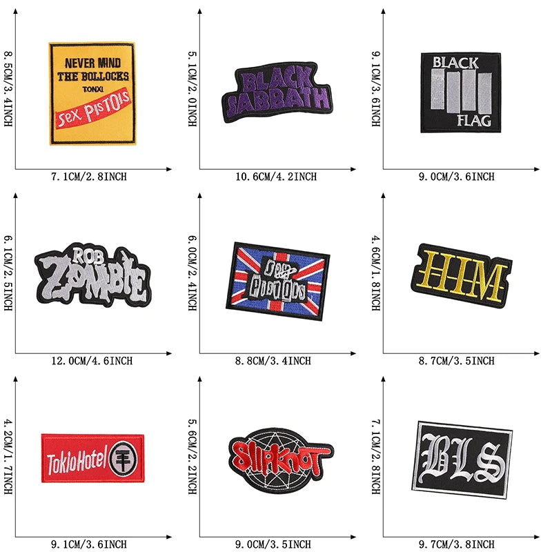 Collection of music band patches with dimensions on a white background