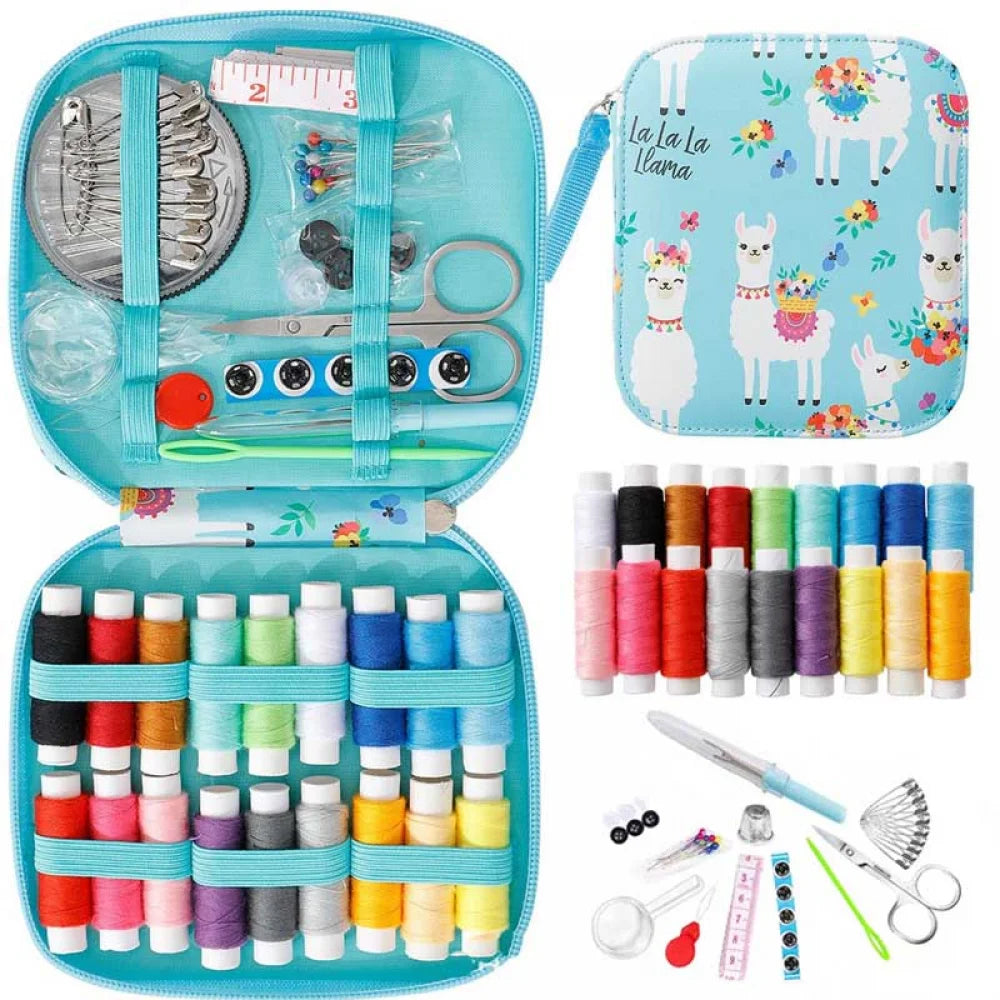 blue Portable sewing kit case with colorful thread spools needles scissors buttons and repair tools