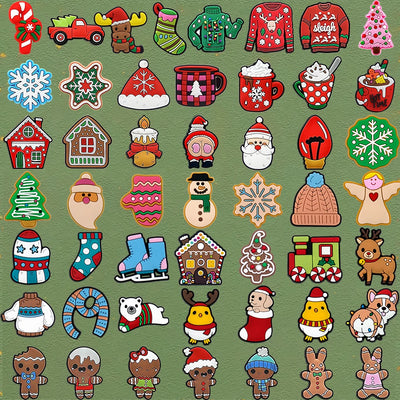 Collection of colorful Christmas-themed Shoe charm ornament on a green background