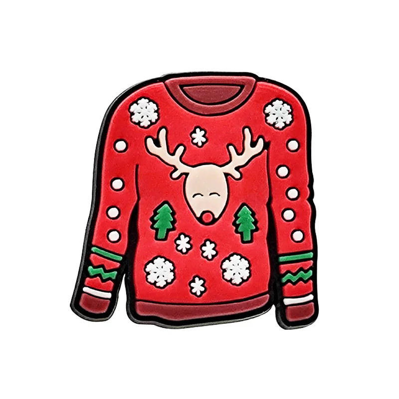 Shoe charm ornament of Red sweater with reindeer design on a white background