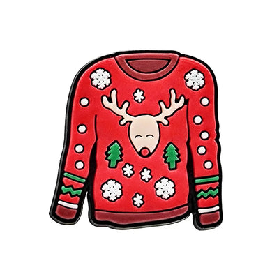 Shoe charm ornament of Red sweater with reindeer design on a white background