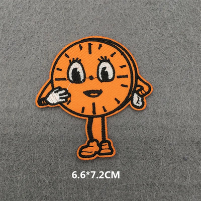 Orange cartoon character patch on a gray background