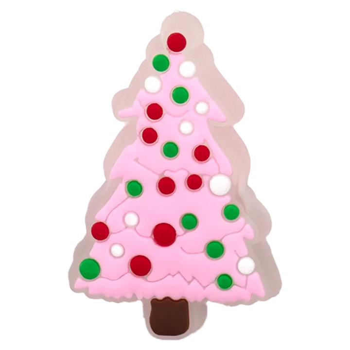 Christmas tree-shaped cookie with pink icing, red and green decorations on a white background